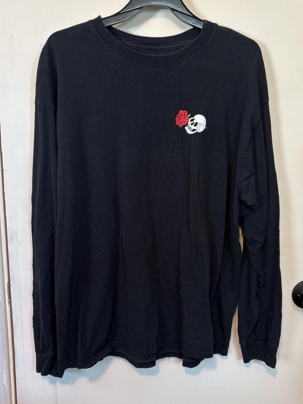Black Skull & Rose Embroidered Long Sleeve Tee